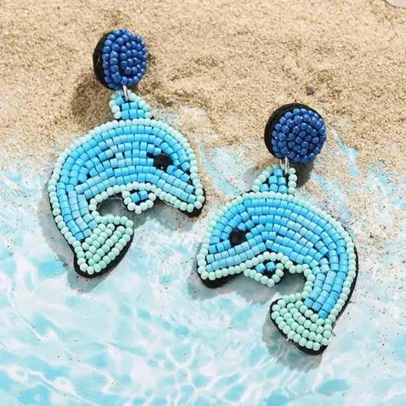 Anthropologie Blue Dolphin Ocean Blue Beaded Earrings - Picture 3 of 8